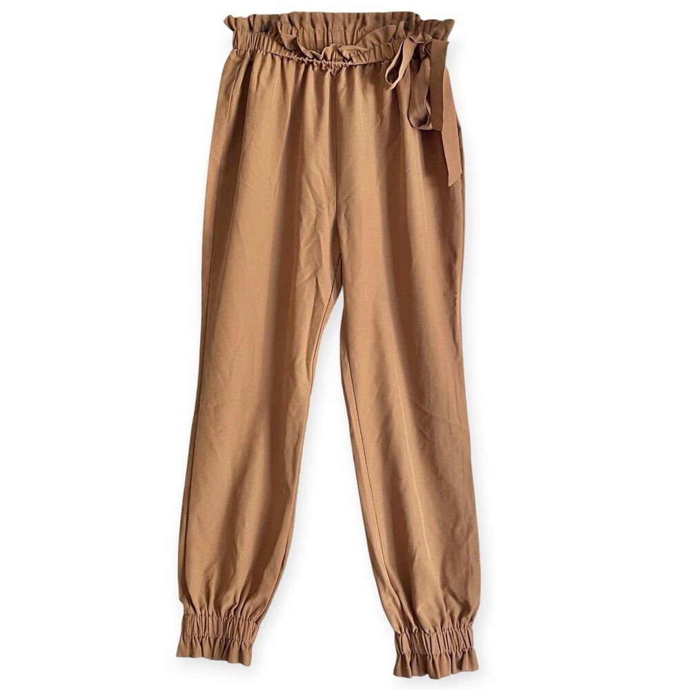Shein Beige Paperbag Waist Jogger High Rise Pants Large Ruffle Hem Fall Winter - Picture 2 of 12